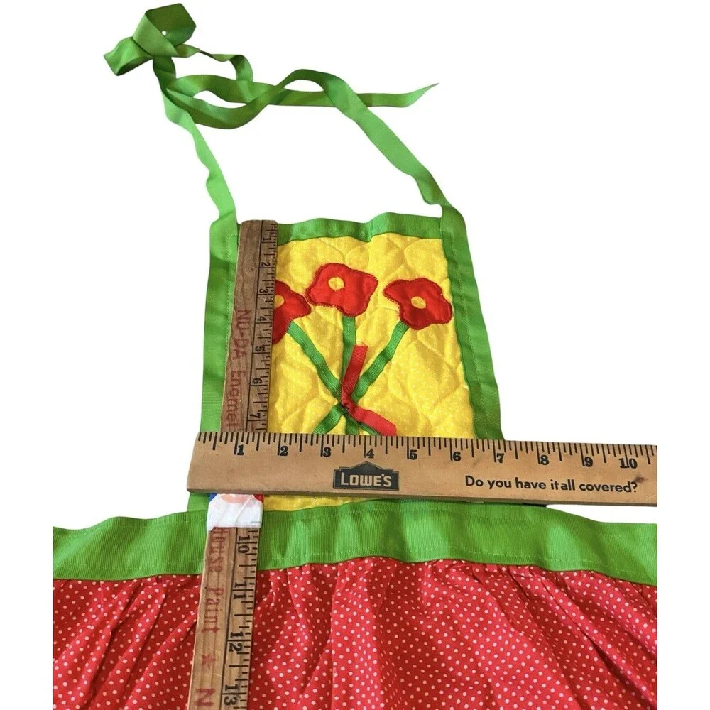 Judy’s Things,VTG Quilted Apron Yellow Red Polka Dots- Red Flowers Bouquet 80s